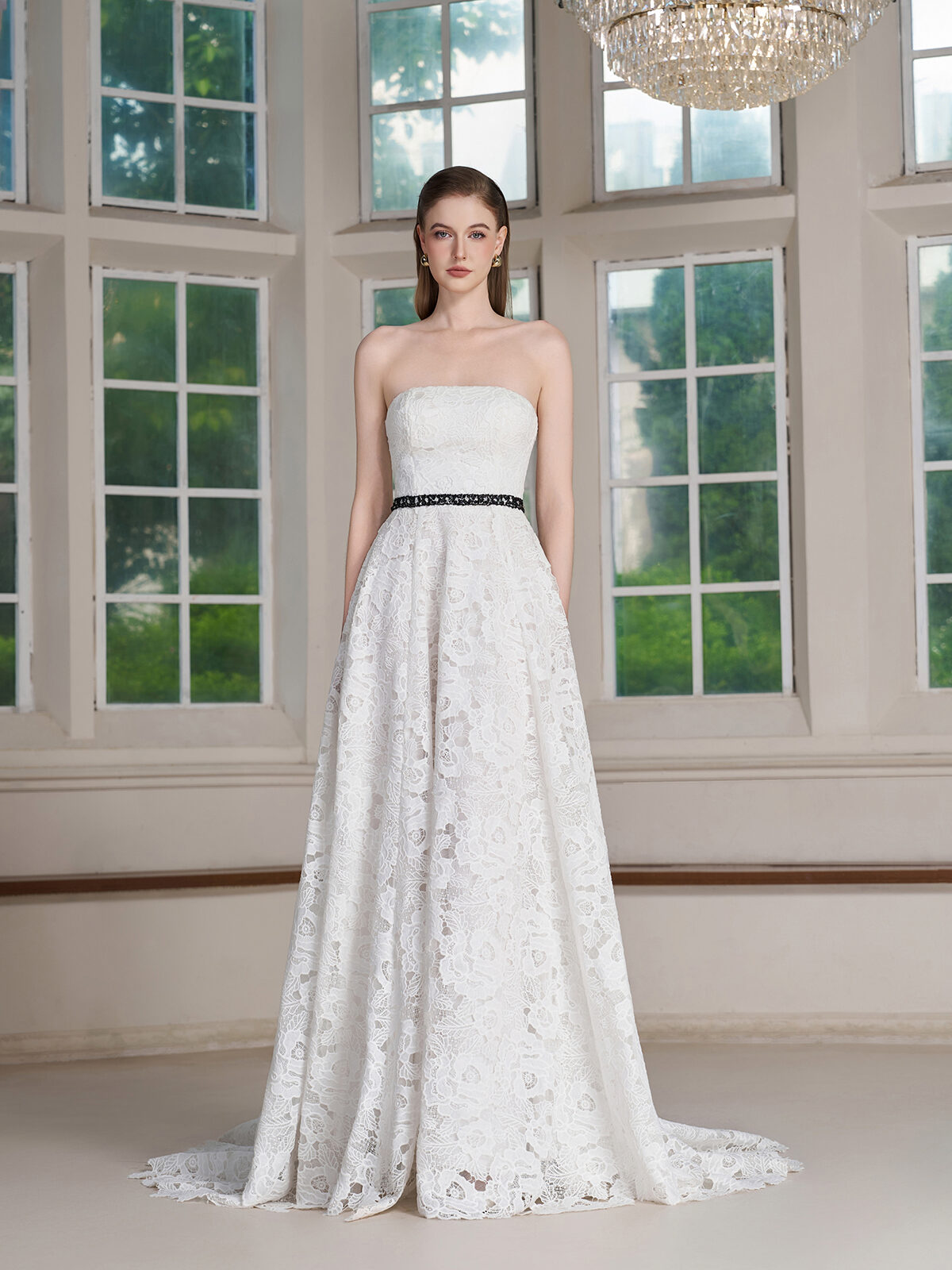 Strapless Floral Lace Maxi Dress with Belt