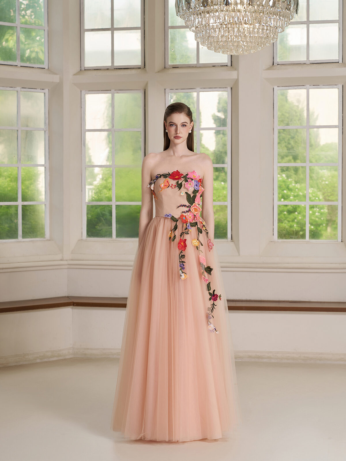 Strapless Embroidered Floral Tulle Gown