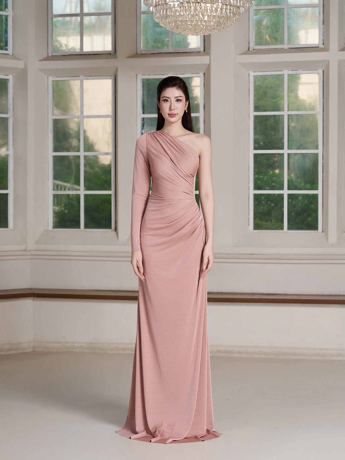 One-Shoulder Long Sleeve Draped Maxi Dress